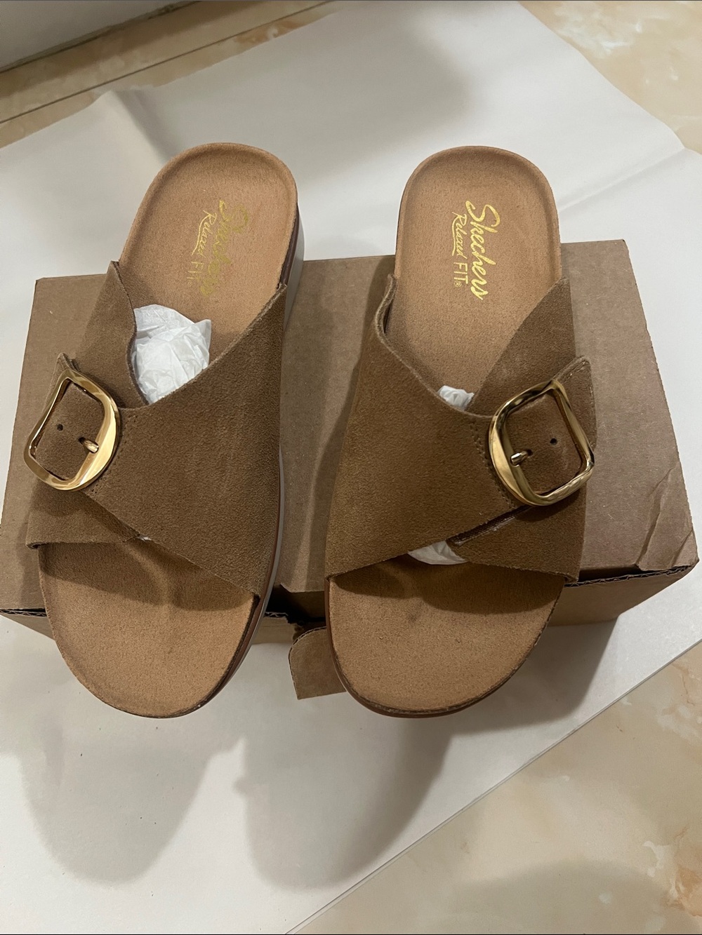 Skechers Relaxed Fit Tan Suede Cross-Band Slide Sandals with Gold Buckles